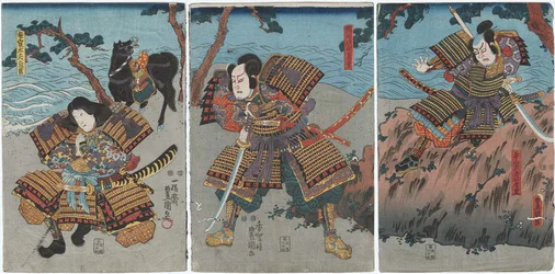 Acteurs Nakayama Bungoro II comme Hirayama Mushadokoro Sueshige R, Ichimura Takenojo V comme Kumagai Jiro Naozane C, et Bando Shuka I comme Mukan tayu Atsumori L